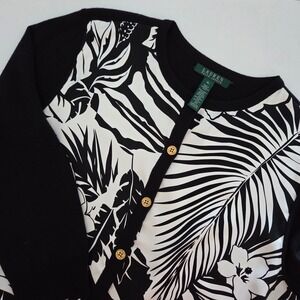 Lauren Ralph Lauren Women XL Black Tropical Floral‎ Silk Blend Cardigan Sweater